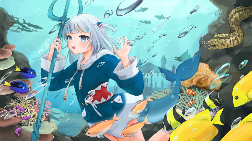 1girl, absurdres, air_bubble, aka_tadaima, atlantis, blue_eyes, blue_sweater, bubble