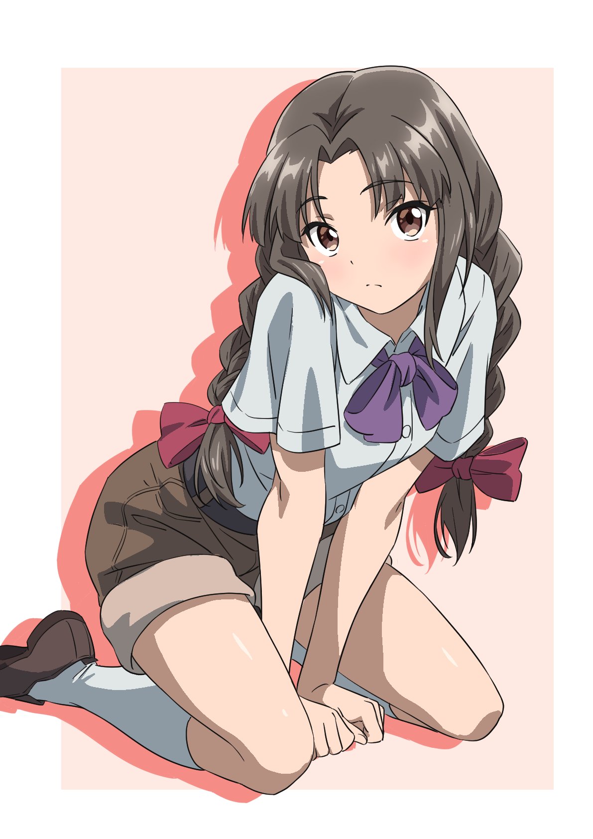 1girl, braid, brown_eyes, brown_footwear, brown_hair, brown_shorts, buttons, closed_mouth