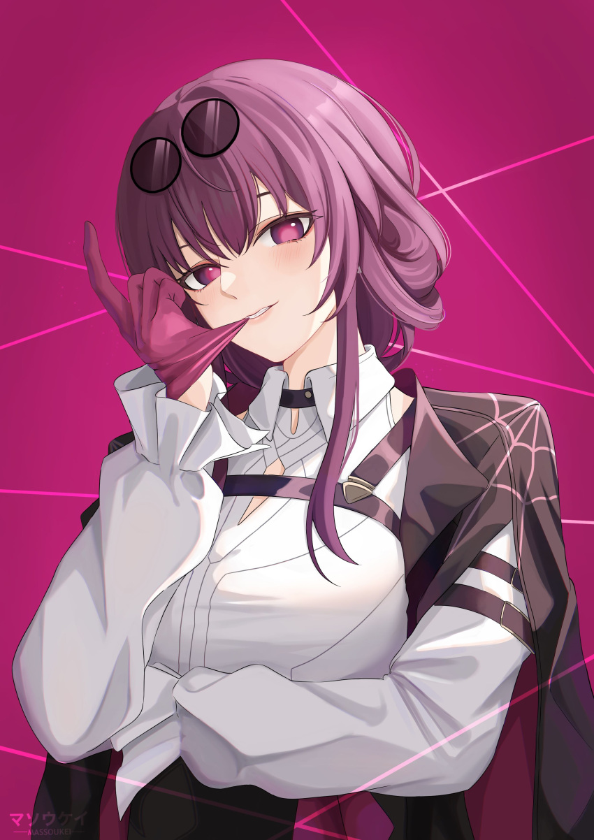 1girl, absurdres, arm_belt, arm_under_breasts, artist_name, biting, black_jacket, chest_harness