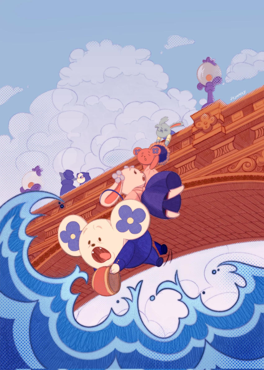 ace_attorney, animal_focus, bear_girl, black_cloak, black_headwear, blue_dress, blue_jacket, blue_pants, blue_skirt, bridge, buttons, cat_boy, chibi, chuunosuke_(ace_attorney), cloak, closed_eyes, clothes_tug, clouds, dress, falling, fangs, flower, frilled_dress, frills, furry, furry_female, furry_male, grey_fur, hair_flower, hair_ornament, hair_over_one_eye, hat, highres, holding_armband, human_chain, jacket, japanese_clothes, kimono, kumaris, lamppost, long_skirt, long_sleeves, mask, mouse_boy, nyan_zieks, nyasked_disciple, open_mouth, outdoors, pants, pink_fur, pink_kimono, pryntery, rabbit_boy, rabbit_girl, scared, shirt, shoes, skirt, sleeve_cuffs, sleeveless, sleeveless_dress, sleeves_past_elbows, solid_oval_eyes, the_great_ace_attorney, tongue, top_hat, usalock, usato_(ace_attorney), water, white_fur, white_shirt, wide_sleeves