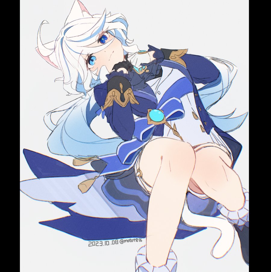 1girl, ahoge, animal_ears, ascot, black_gloves, blue_eyes, blue_gemstone, blue_hair