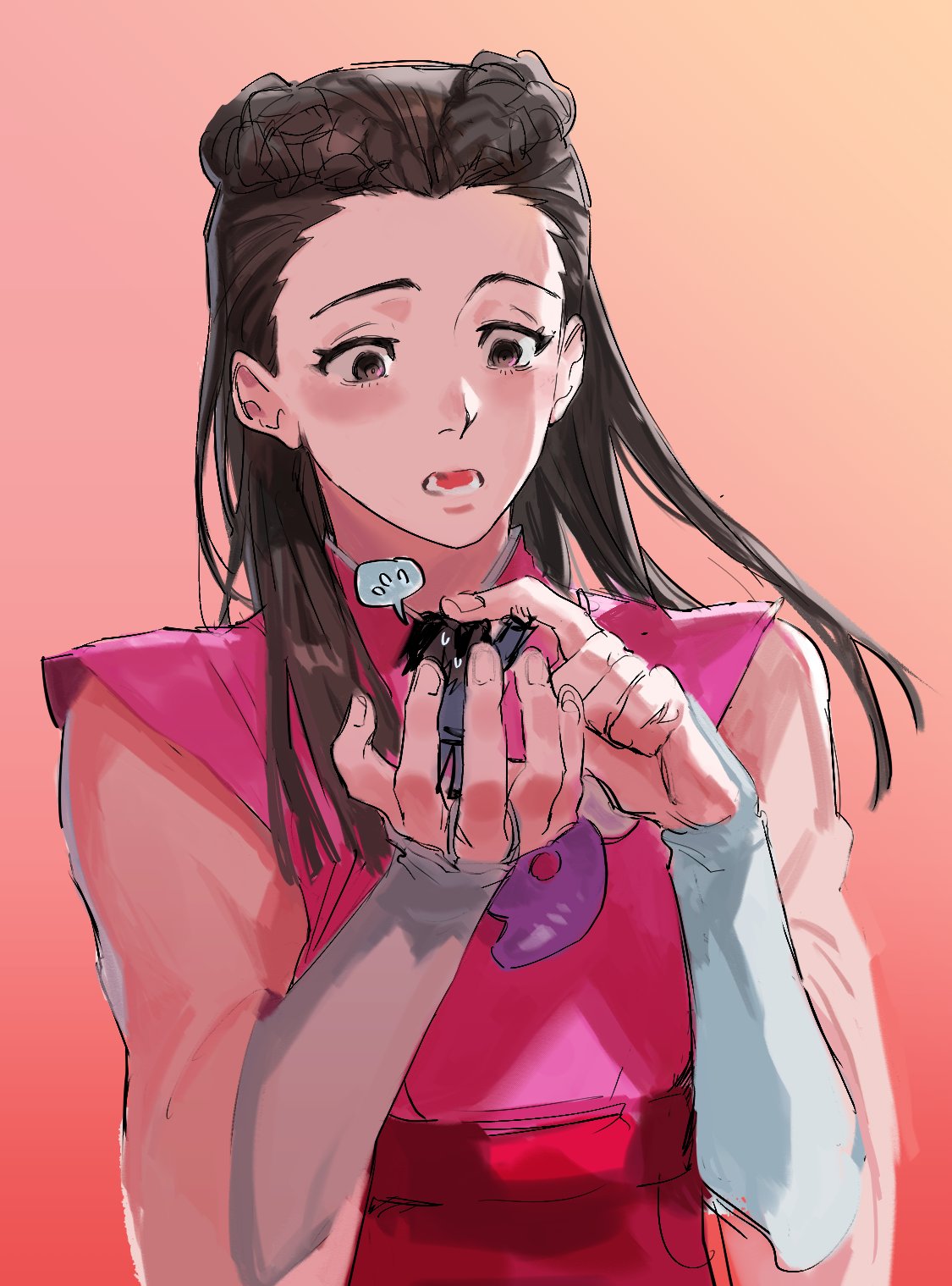 1boy, 1girl, :o, ace_attorney, black_eyes, black_hair, blue_jacket, blue_pants, braid, crown_braid, finger_on_another's_hand, flying_sweatdrops, gradient_background, hands_up, heoreo, highres, iris_(ace_attorney), jacket, japanese_clothes, kimono, long_hair, long_sleeves, looking_at_another, magatama, mini_person, miniboy, obi, pants, person_on_hand, phoenix_wright, pink_background, pink_kimono, pink_sleeves, red_sash, sash, sleeves_past_elbows, solo_focus, spoken_flying_sweatdrops, sweat, upper_body, white_bridal_gauntlets