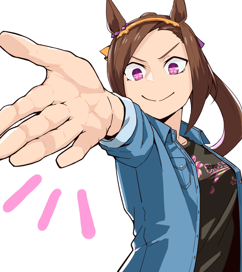 1girl, absurdres, animal_ears, black_shirt, blue_shirt, brown_hair, casual, dogeyama_um