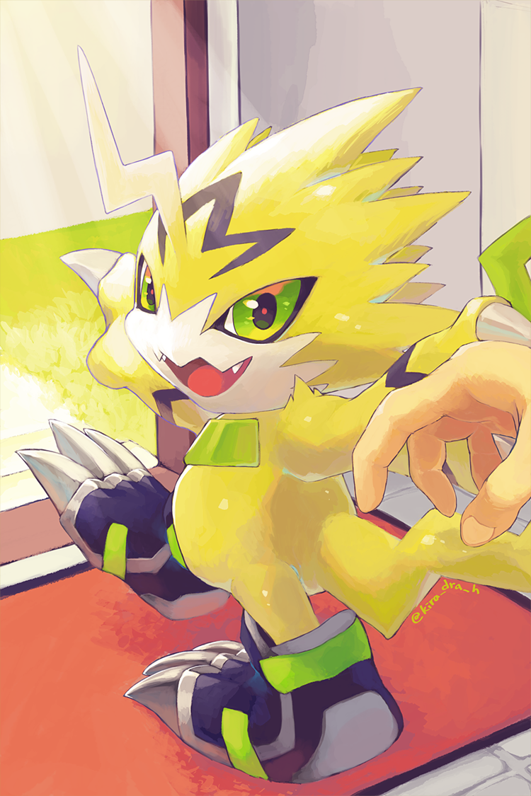 artist_name, claws, digimon, digimon_(creature), grabbing, grabbing_from_behind, kira_(kira_dra), looking_at_viewer
