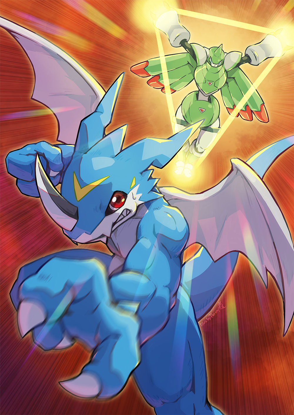 2others, claws, clenched_hand, digimon, dragon, highres, horns, multiple_others