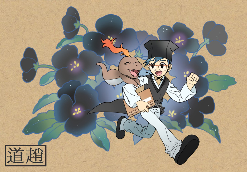 1boy, 1other, black_flower, black_footwear, black_headwear, black_vest, blue_hair, book