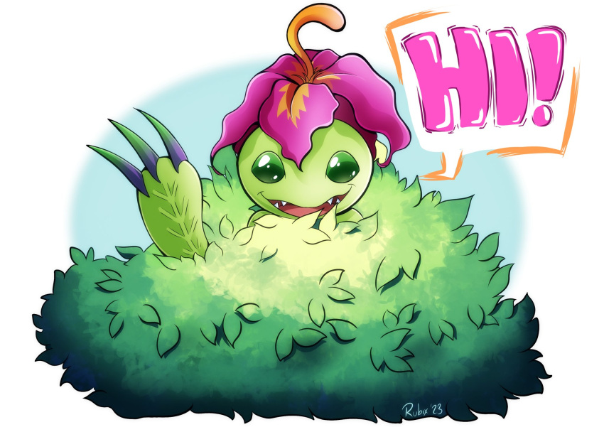 1other, bush, digimon, digimon_(creature), english_text, flower, highres, looking_at_viewer