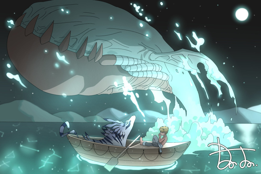1boy, 2others, barefoot, blonde_hair, boat, digimon, digimon_(creature), full_moon