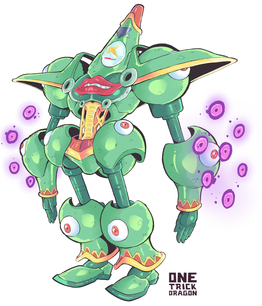1other, absurdres, armor, artist_name, digimon, digimon_(creature), digimon_frontier, full_body, fusion, highres, mercuremon, mirror, no_humans, onetrickdragon, original, red_eyes, sephirothmon, shield, simple_background, teeth, thick_lips, white_background