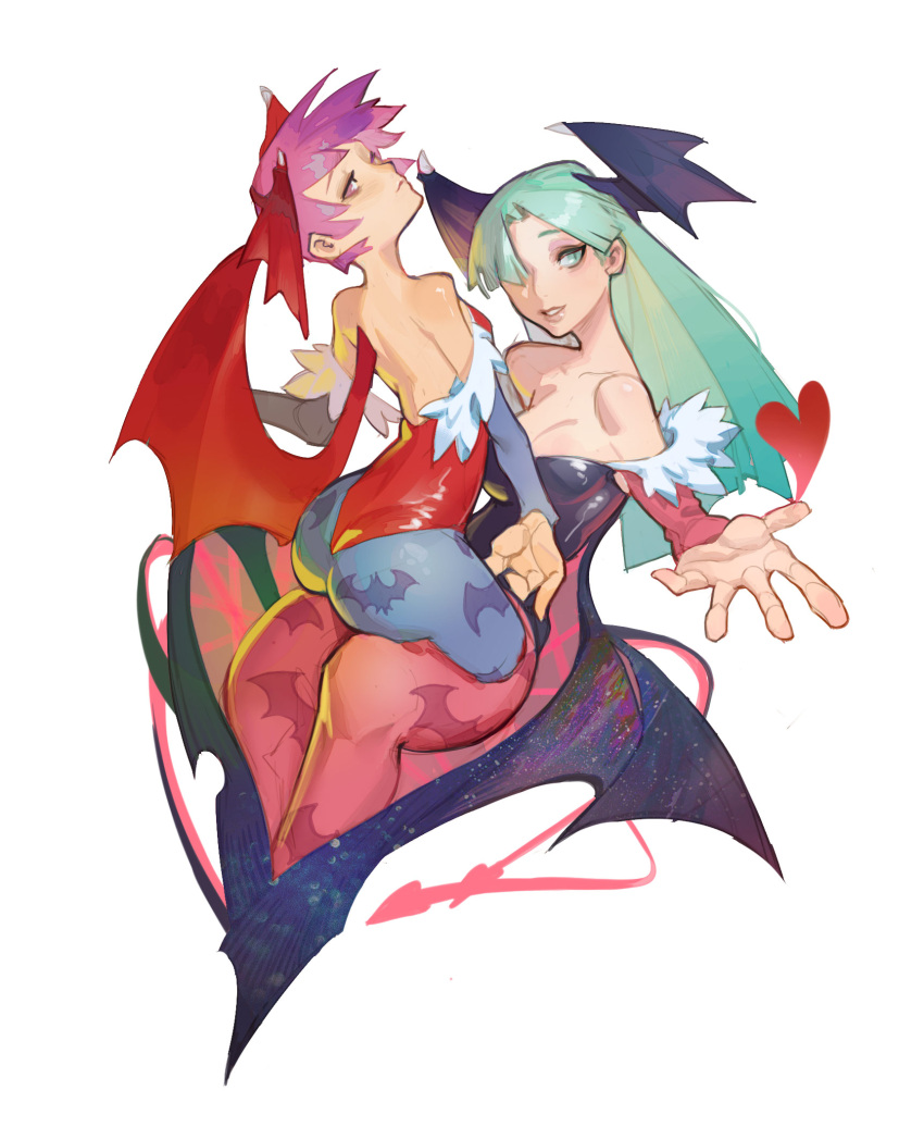 2girls, animal_print, ass, bare_shoulders, bat_print, black_leotard, blue_pantyhose, bridal_gauntlets, demon_wings, detached_sleeves, green_eyes, green_hair, hair_over_one_eye, head_wings, heart, highres, leotard, lilith_aensland, long_hair, morrigan_aensland, multiple_girls, pantyhose, pink_pantyhose, print_pantyhose, qingpu_liang, red_leotard, short_hair, simple_background, strapless, strapless_leotard, vampire_(game), white_background, wings