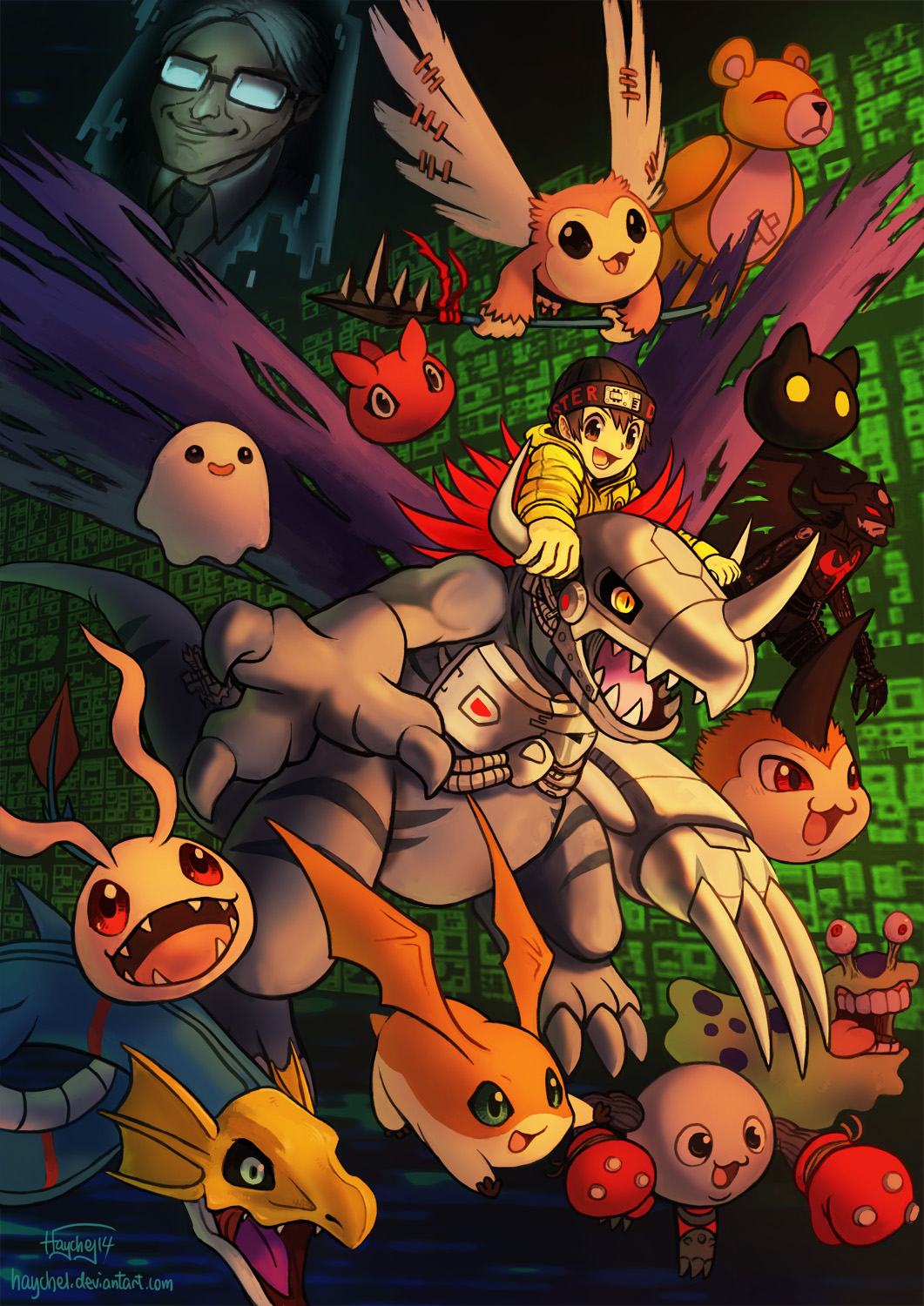 2boys, 6+others, analogman, beanie, black_headwear, botamon, brown_eyes, brown_hair, devimon, digimon, digimon_(creature), digimon_world, dragon, glasses, grey_hair, hat, haychel, highres, koromon, mamemon, metalgreymon_virus, monzaemon, multiple_boys, multiple_others, numemon, open_mouth, patamon, picklemon, poyomon, protagonist_(digimon_world), punimon, riding_digimon, seadramon, sharp_teeth, short_hair, teeth, tongue, tongue_out, tunomon, wings