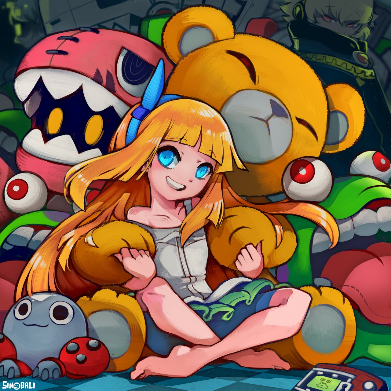 1boy, 1girl, analogman, barefoot, bike_shorts, blonde_hair, blue_eyes, crossed_legs