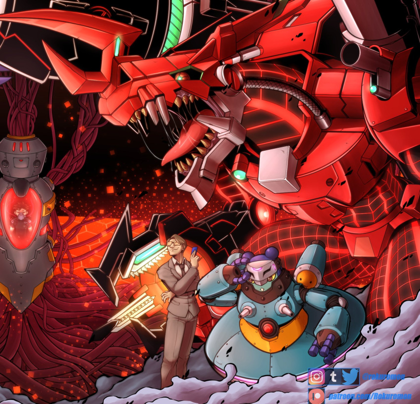 1boy, analogman, artist_name, brown_hair, brown_necktie, brown_suit, card, chaosdramon, chaosdramon_x-antibody, collared_shirt, digimon, digimon_(creature), formal, glasses, grey_jacket, grey_pants, highres, horns, hoverespimon, instagram_logo, jacket, necktie, open_mouth, pants, patreon_logo, rokuromon, sharp_teeth, shirt, short_hair, suit, teeth, tumblr_logo, twitter_logo, watermark, white_shirt