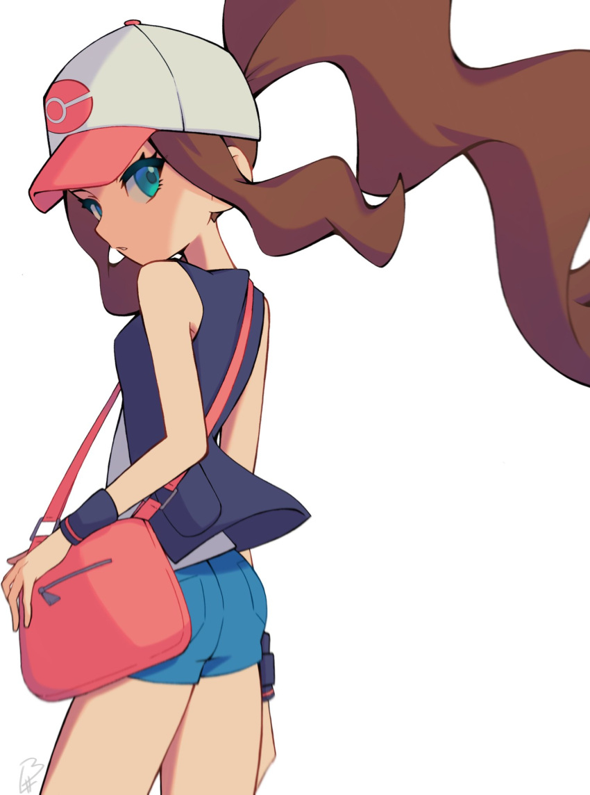 1girl, bag, baseball_cap, black_vest, blue_eyes, brown_hair, commentary, denim