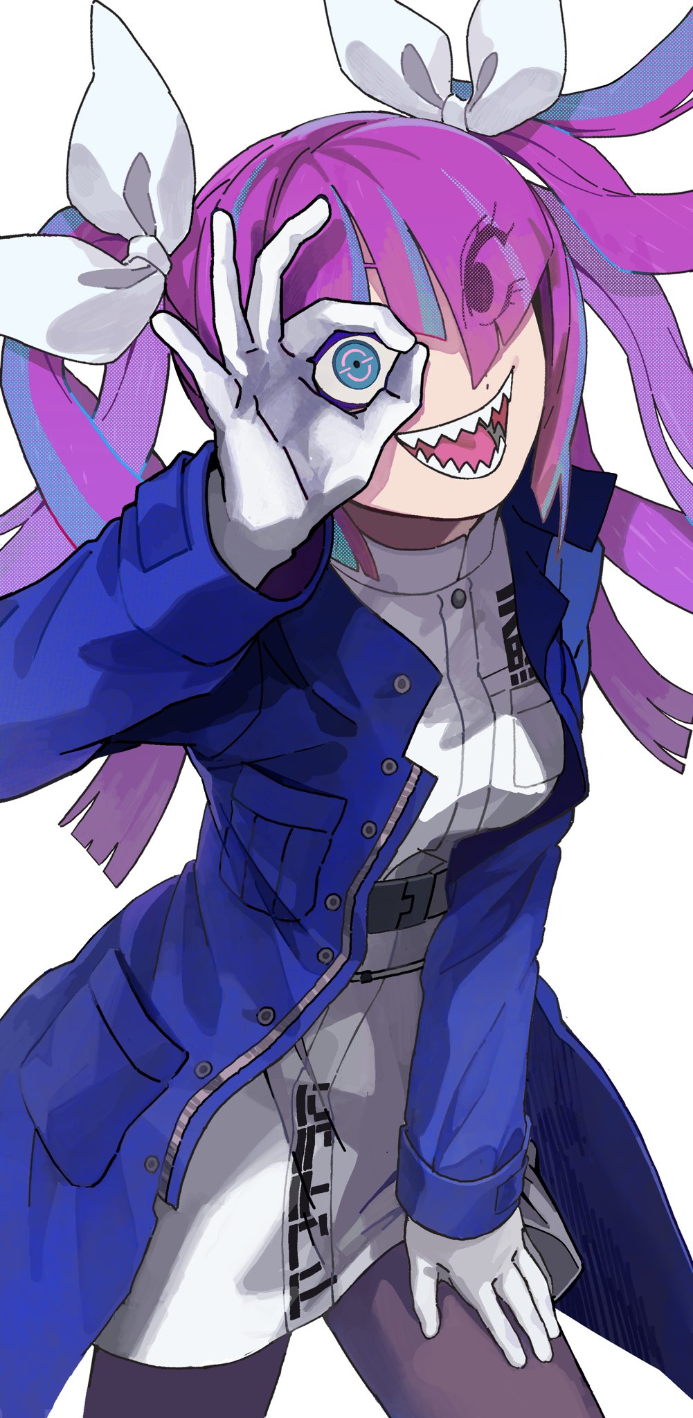 1girl, blue_eyes, blue_hair, blue_jacket, blunt_bangs, blunt_ends, breasts, commentary_request