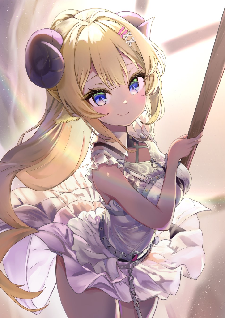 1girl, belt, blonde_hair, blue_eyes, breasts, derk_maxx, dress, hair_ornament