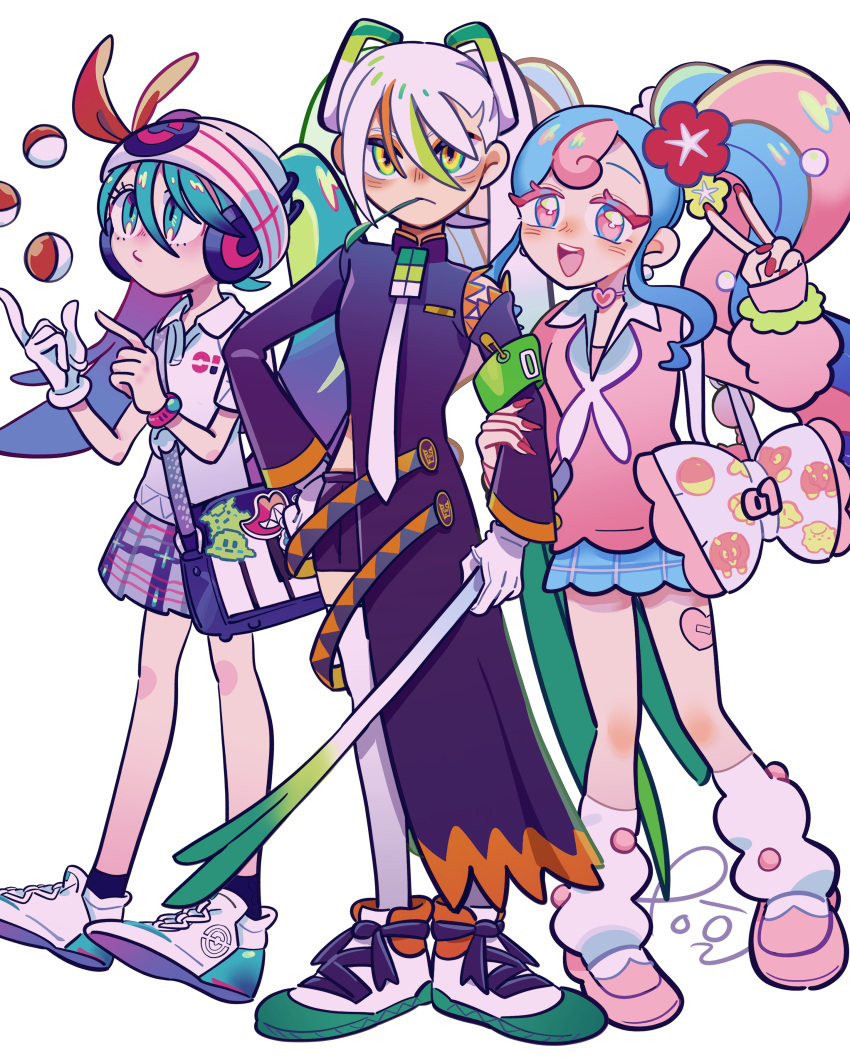 3girls, :d, absurdres, aqua_hair, armband, bag, beanie, black_socks