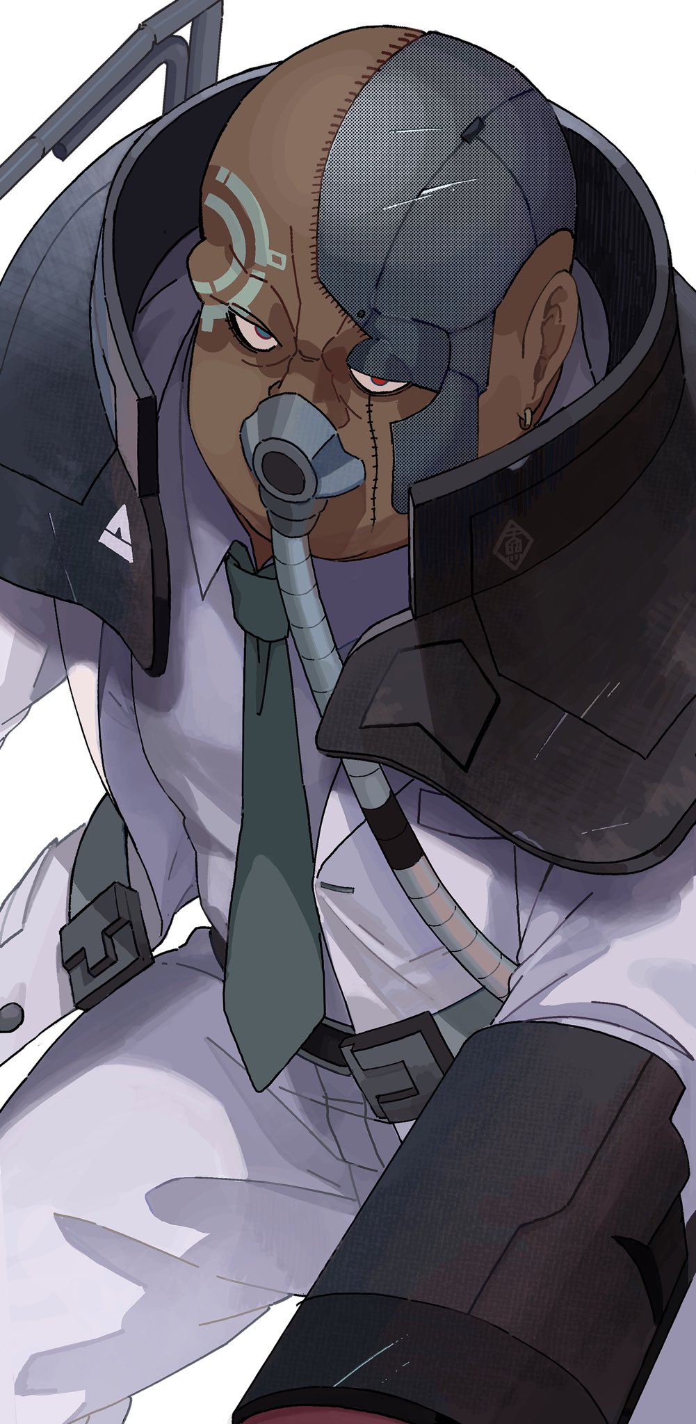 1boy, armor, bald, blue_eyes, collared_shirt, commentary_request, covered_mouth, dark-skinned_male