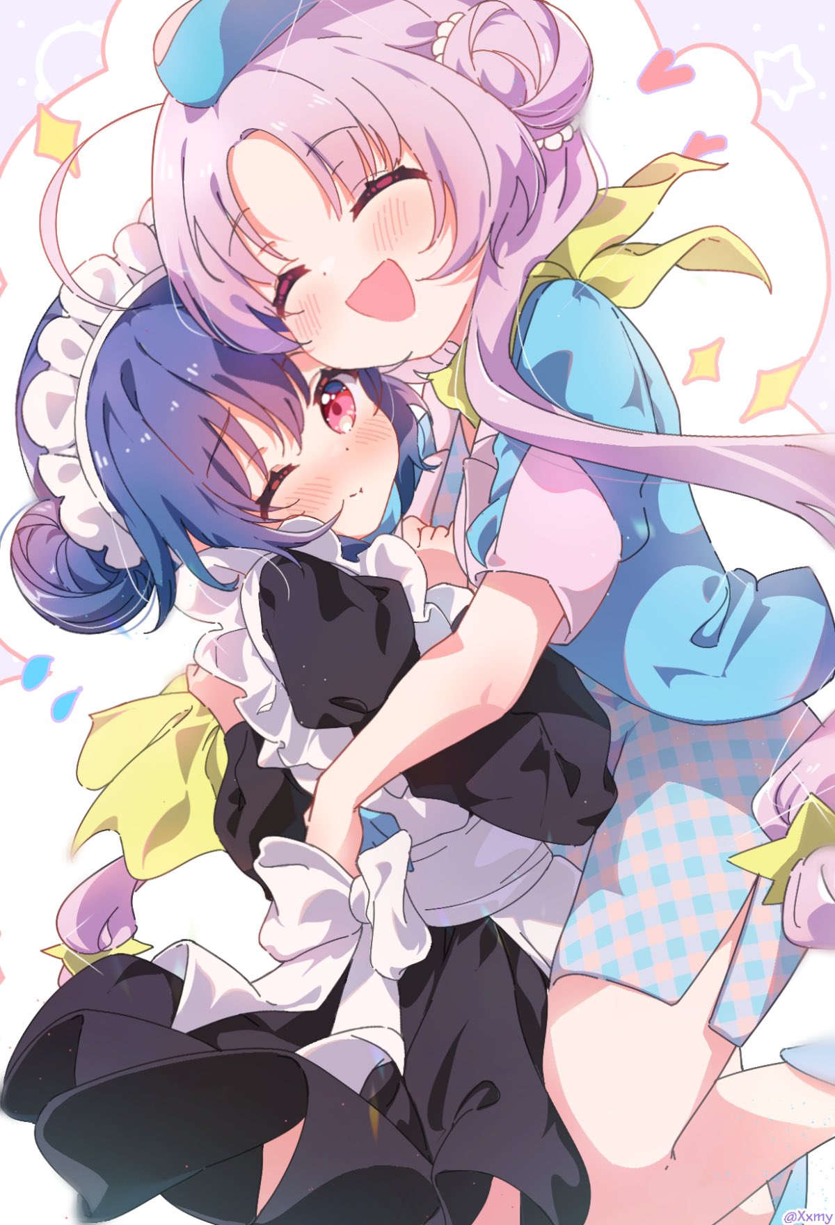 2girls, :d, ahoge, akeuchi_yuu, alternate_costume, apron, back_bow, beads