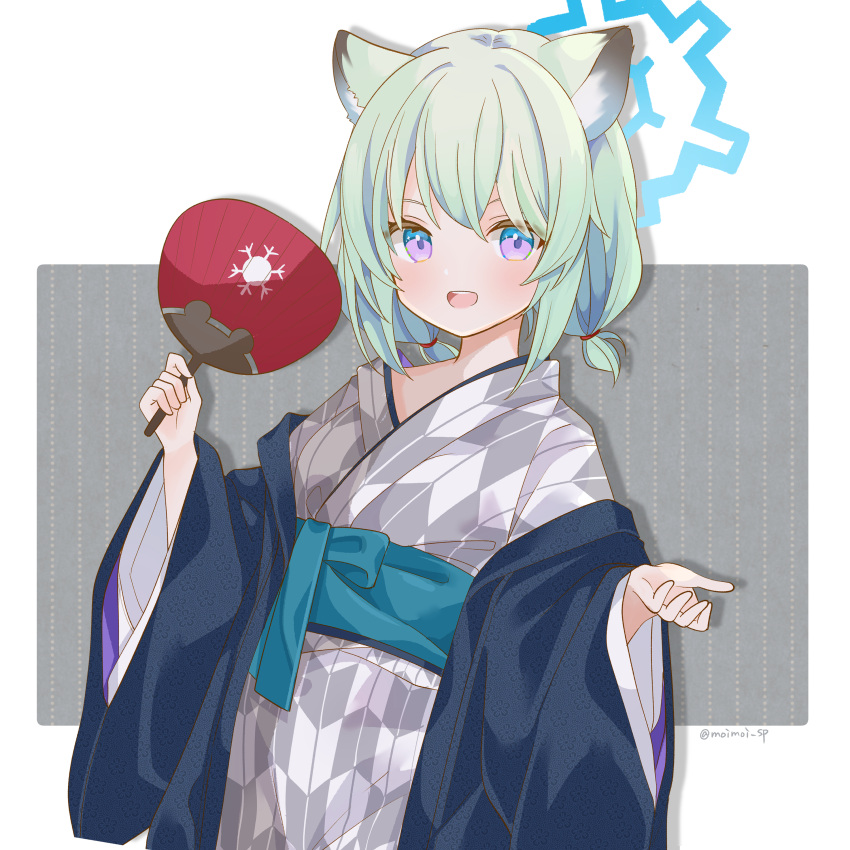 1girl, absurdres, animal_ears, blue_archive, blue_eyes, commentary_request, gradient_eyes, grey_kimono
