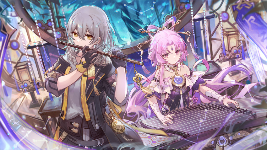 2girls, artist_name, bare_shoulders, black_gloves, black_jacket, csyday, english_commentary, forehead_jewel