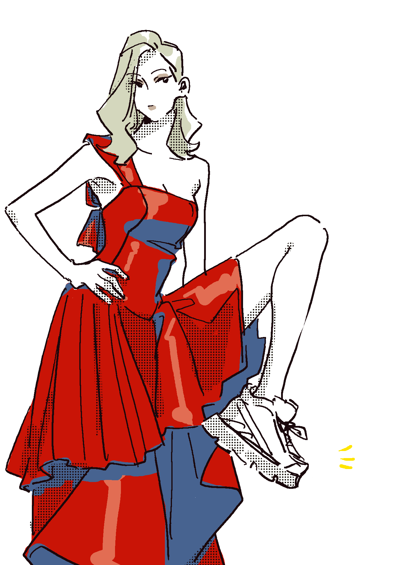 1girl, asymmetrical_clothes, asymmetrical_dress, bare_shoulders, blonde_hair, boots, commentary, dithering, dress, hand_on_own_hip, highres, leg_up, long_dress, medium_hair, multiple_monochrome, nshi, original, platform_boots, platform_footwear, platform_sneakers, red_dress, shoes, simple_background, sleeveless, sleeveless_dress, sneakers, solo, standing, standing_on_one_leg, symbol-only_commentary, white_background