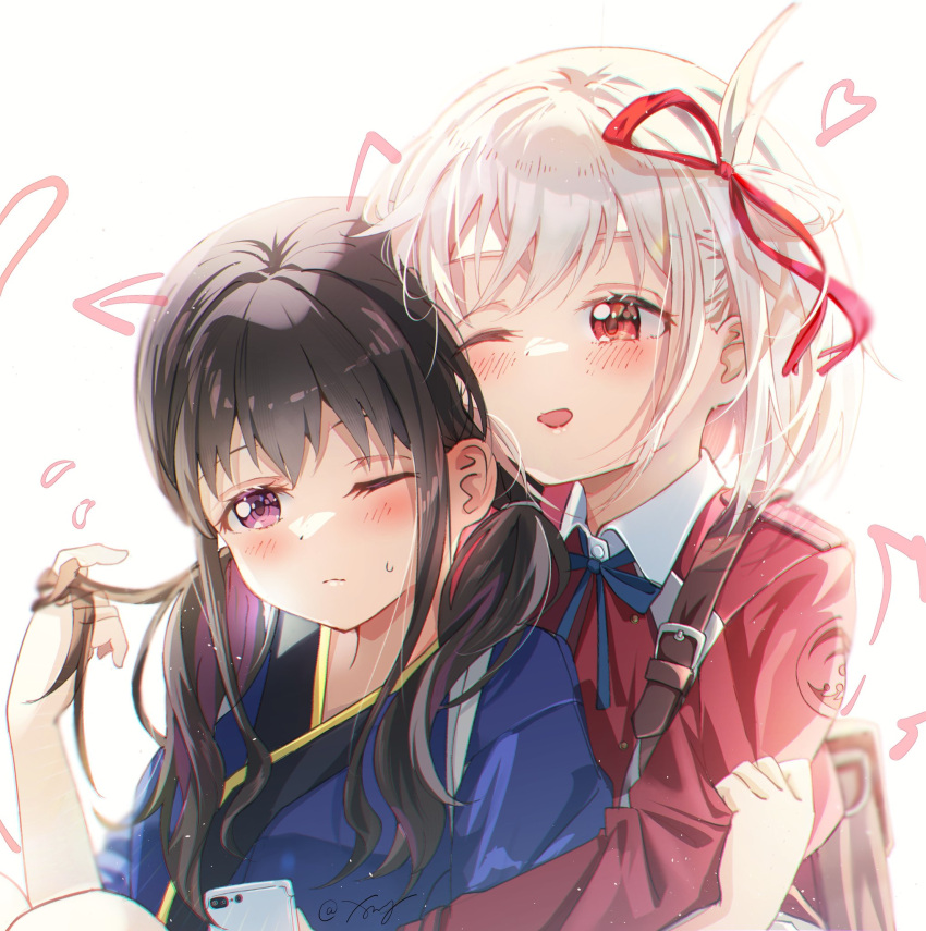 2girls, arm_grab, backlighting, backpack, bag, black_hair, blonde_hair, blue_kimono
