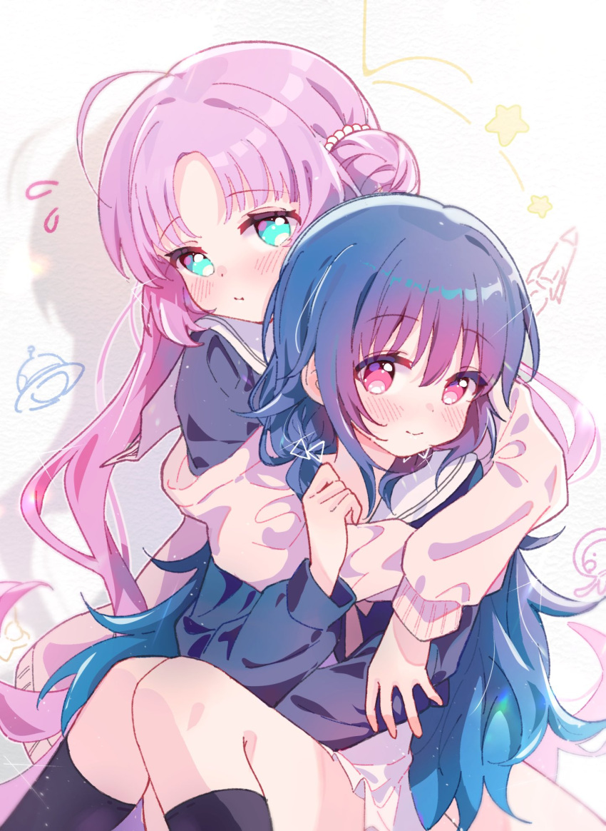 2girls, ahoge, akeuchi_yuu, aqua_eyes, black_socks, blue_hair, blue_shirt, blush