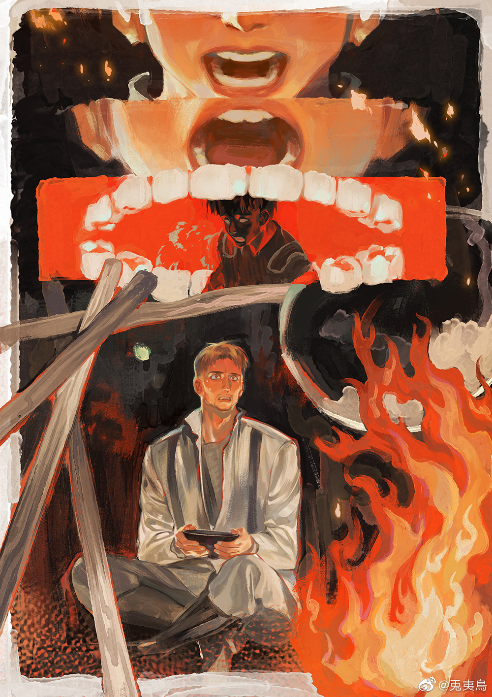 1boy, abstract, blonde_hair, boots, bowl, campfire, character_request, embers