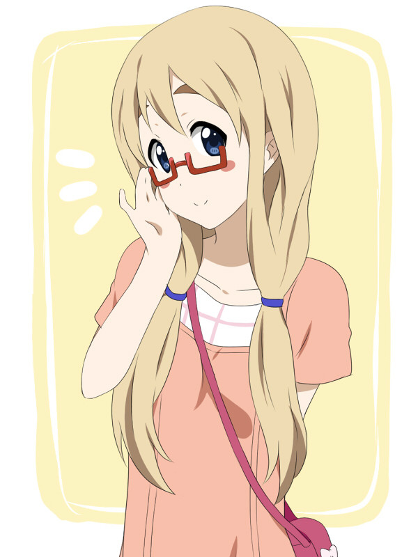bespectacled, blonde_hair, blue_eyes, casual, face, glasses, ikari_manatsu, k-on!, kotobuki_tsumugi, long_hair, nodoka_glasses, purse, red-framed_glasses, semi-rimless_glasses, solo, under-rim_glasses