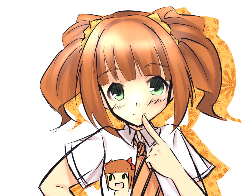 brown_hair, finger_to_mouth, green_eyes, idolmaster, katsuki_tooya, long_hair, necktie, nonowa, smile, takatsuki_yayoi, twintails