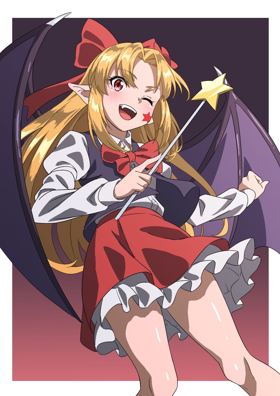 1girl, :d, black_vest, blonde_hair, border, bow, bowtie, collared_shirt