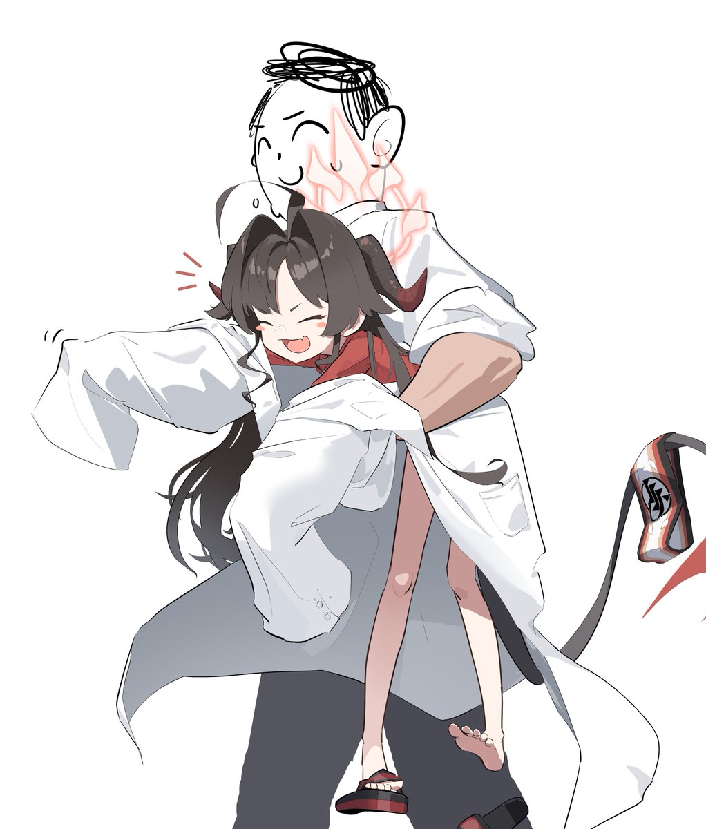 1boy, 1girl, :d, ^_^, ahoge, arona's_sensei_doodle_(blue_archive), bare_legs, barefoot