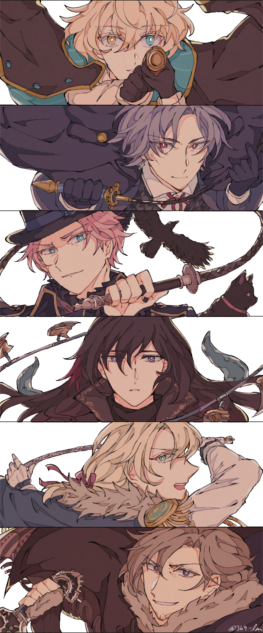 6+boys, absurdres, aiming, aiming_at_viewer, aqua_eyes, bird, black_bow, black_bowtie, black_cat, black_cloak, black_coat, black_eyes, black_gloves, black_headwear, black_jacket, black_nails, black_shirt, blonde_hair, bow, bowtie, bright_pupils, brooch, brown_eyes, bungou_to_alchemist, cape, cat, cloak, closed_mouth, coat, coat_on_shoulders, collared_jacket, collared_shirt, column_lineup, commentary_request, conan_doyle_(bungou_to_alchemist), crow, dagger, edgar_allan_poe_(bungou_to_alchemist), epaulettes, facial_hair, frilled_shirt_collar, frills, fur-trimmed_cape, fur-trimmed_cloak, fur_trim, fyodor_dostoyevsky_(bungou_to_alchemist), gloves, gomashio_(user_xenc4437), gradient_hair, green_cape, grey_hair, grey_jacket, grey_vest, gun, h._p._lovecraft_(bungou_to_alchemist), hair_between_eyes, hair_ribbon, handgun, hat, heterochromia, highres, holding, holding_gun, holding_weapon, holding_whip, jacket, jewelry, knife, lev_tolstoy_(bungou_to_alchemist), lewis_carroll_(bungou_to_alchemist), long_hair, long_sleeves, looking_at_viewer, low_ponytail, male_focus, mature_male, multicolored_hair, multiple_boys, neck_ribbon, necktie, open_mouth, parted_bangs, parted_lips, pink_hair, profile, red_eyes, red_necktie, red_ribbon, redhead, reverse_grip, ribbon, shirt, short_hair, sideways_glance, simple_background, sleeve_cuffs, smile, smirk, stubble, top_hat, turtleneck, upper_body, v-shaped_eyebrows, vest, weapon, white_background, white_gloves, white_pupils, white_shirt, wrinkled_skin, yellow_eyes