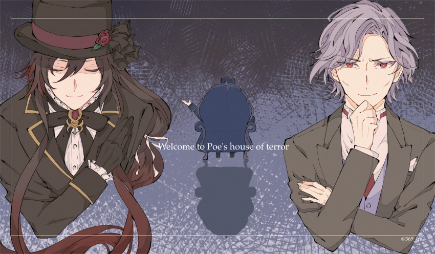 3boys, armchair, black_background, black_bow, black_bowtie, black_gloves, black_headwear, black_jacket, blue_background, boater_hat, bow, bowing, bowtie, brooch, bungou_to_alchemist, chair, closed_eyes, closed_mouth, conan_doyle_(bungou_to_alchemist), cropped_torso, dress_shirt, edgar_allan_poe_(bungou_to_alchemist), english_text, facing_away, facing_viewer, flower, framed, frilled_shirt_collar, frilled_sleeves, frills, gloves, gomashio_(user_xenc4437), gradient_hair, grey_hair, grey_jacket, grey_vest, h._p._lovecraft_(bungou_to_alchemist), hair_between_eyes, hand_on_own_arm, hand_on_own_chest, hand_on_own_chin, hat, hat_flower, highres, jacket, jewelry, lapels, long_hair, long_sleeves, looking_at_viewer, low-tied_long_hair, male_focus, mature_male, multicolored_hair, multiple_boys, necktie, notched_lapels, parted_bangs, pocket_square, red_eyes, red_flower, red_necktie, red_rose, redhead, rose, shirt, short_hair, sitting, sleeve_cuffs, smile, two-tone_background, vest, white_shirt, wrinkled_skin