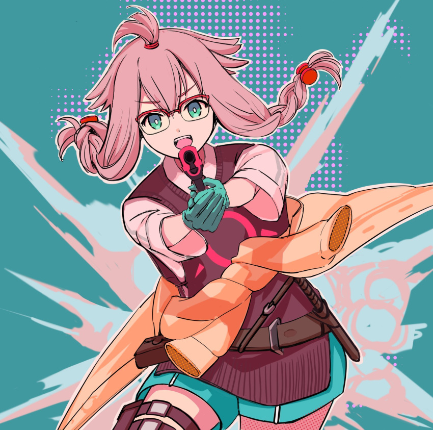 1girl, aiming, aiming_at_viewer, aqua_gloves, aqua_shorts, arknights, belt, braid