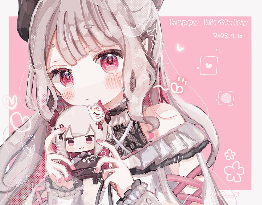 1girl, black_horns, blush, character_doll, colored_inner_hair, grey_hair, halterneck, happy_birthday