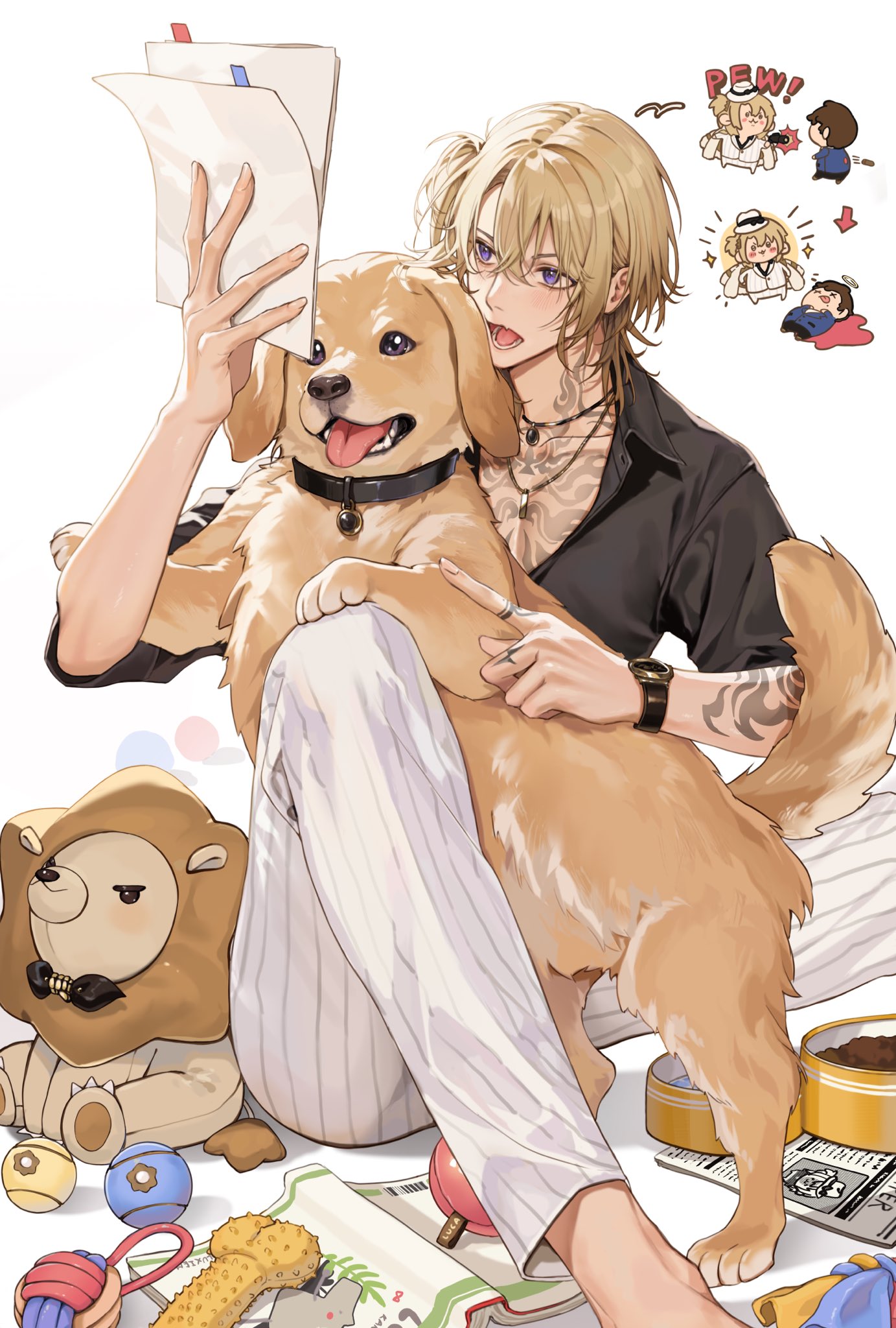 1boy, arm_tattoo, augustus_(luca_kaneshiro), barefoot, black_shirt, blonde_hair, chest_tattoo, collared_shirt