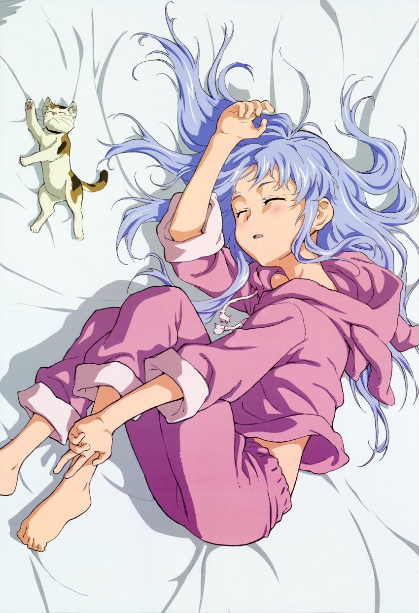 barefoot, bed_sheet, blue_hair, cat, closed_eyes, highres, index, long_hair, lying, nishimura_hiroyuki, nyantype, official_art, on_side, pajamas, sleeping, sleeves_rolled_up, solo, sphinx_(index), sphinx_(to_aru_majutsu_no_index), to_aru_majutsu_no_index