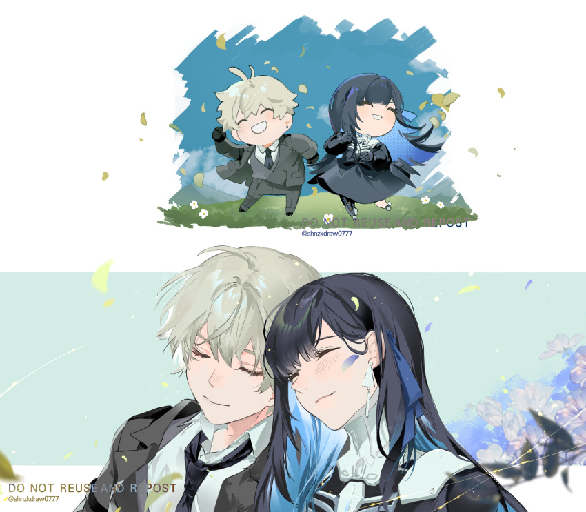 1boy, 1girl, absurdres, ahoge, black_dress, black_hair, black_necktie, black_suit