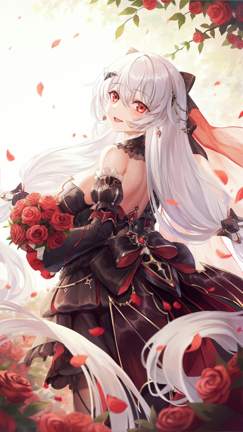 1girl, absurdres, bare_shoulders, black_dress, black_sleeves, blush, bouquet, chinese_commentary