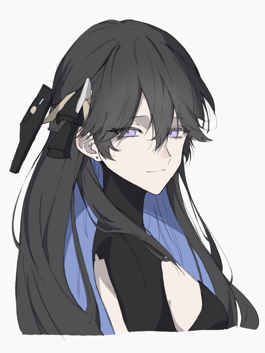 1girl, black_dress, black_hair, blue_hair, closed_mouth, collared_dress, colored_inner_hair, dress