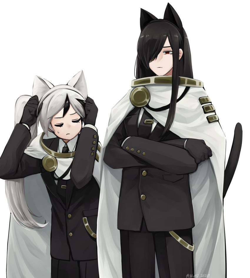 2boys, animal_ears, annoyed, badge, black_gloves, black_hair, black_necktie, black_pants
