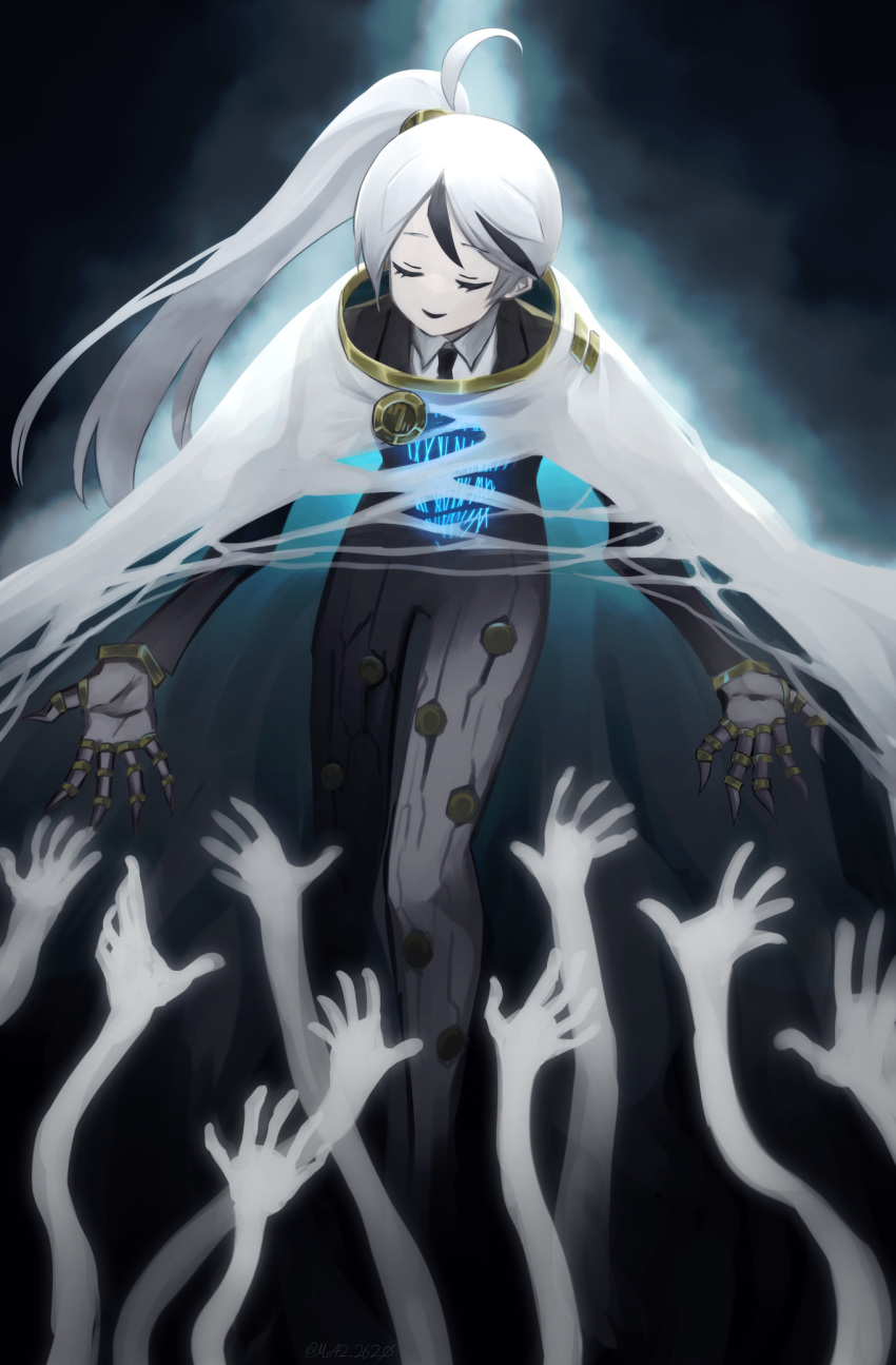 1boy, ahoge, badge, black_hair, black_jacket, black_pants, cape, claws