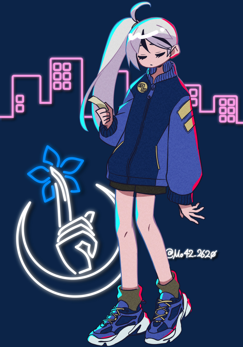 1boy, ahoge, black_hair, blue_footwear, blue_jacket, brown_socks, city_lights, closed_eyes