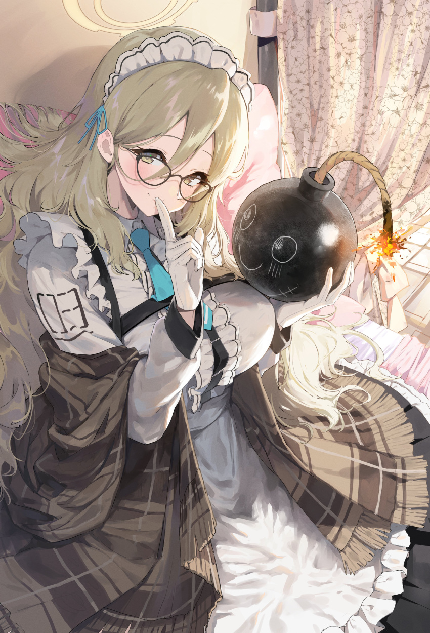 1girl, absurdres, akane_(blue_archive), black-framed_eyewear, blonde_hair, blue_archive, bomb, brown_shawl