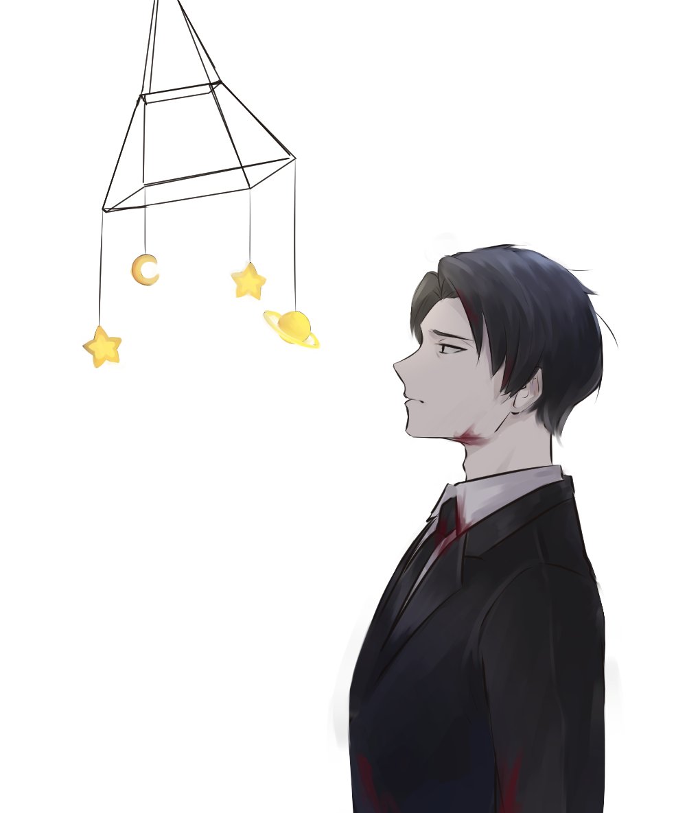 1boy, black_eyes, black_hair, black_necktie, blood, blood_in_hair, blood_on_clothes, blood_on_face