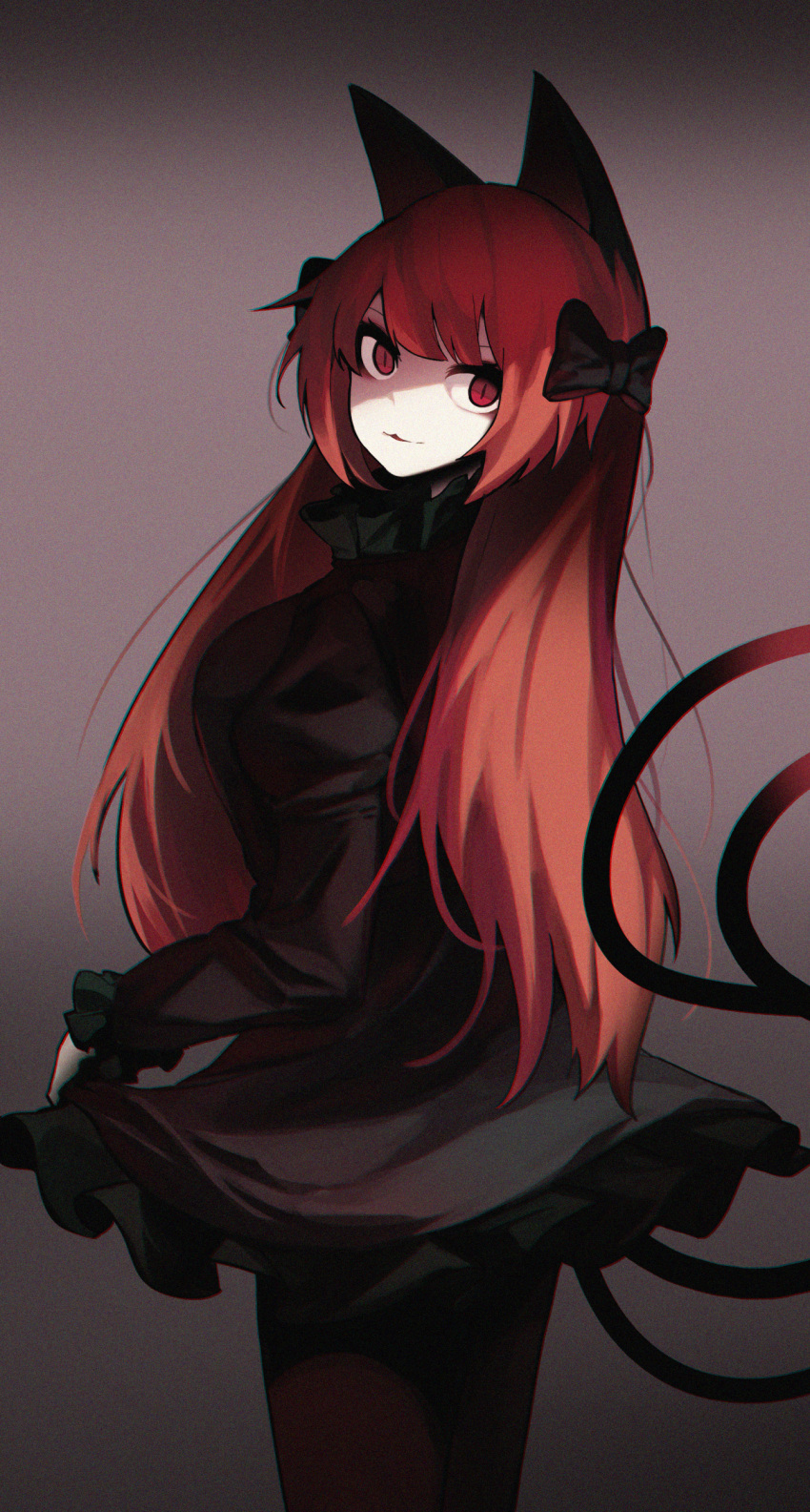 1girl, absurdres, animal_ears, black_bow, black_dress, bow, breasts, cat_ears