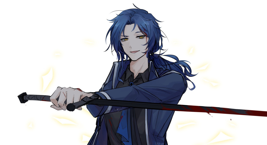1boy, ascot, black_shirt, blood, blood_on_weapon, blue_ascot, blue_coat, blue_hair