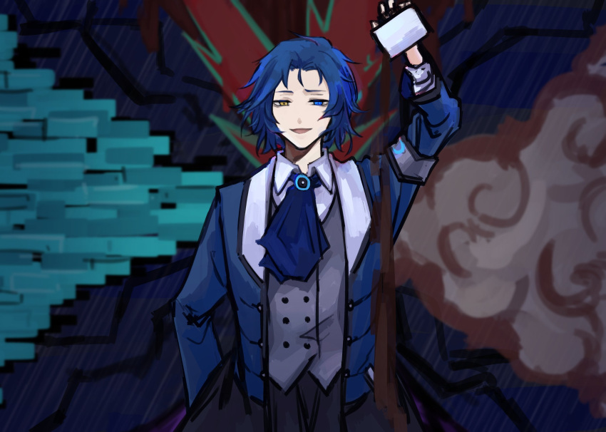 1boy, armband, black_pants, blue_coat, blue_eyes, blue_hair, chesed_(project_moon), coat